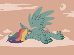 Size: 2048x1536 | Tagged: safe, artist:pastacrylic, imported from derpibooru, rainbow dash, pegasus, pony, cloud, crescent moon, frown, lying down, lying on a cloud, moon, on a cloud, solo, spread wings, tired, wings