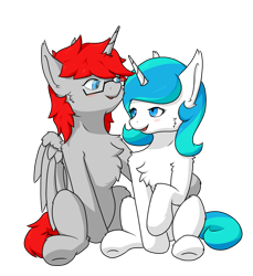 Size: 1100x1200 | Tagged: safe, artist:tx547, imported from derpibooru, oc, oc only, oc:ericken, oc:time slowly, alicorn, pony, derpibooru community collaboration, 2022 community collab, alicorn oc, blushing, cheek fluff, chest fluff, ericly, eye contact, eyelashes, female, folded wings, glasses, horn, looking at each other, male, mare, open mouth, open smile, shoulder fluff, simple background, sitting, smiling, stallion, transparent background, underhoof, wings