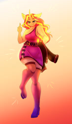 Size: 2100x3600 | Tagged: safe, artist:unfinishedheckery, imported from derpibooru, sunset shimmer, anthro, unguligrade anthro, unicorn, bedroom eyes, breasts, clothes, digital art, dress, female, high res, holes, horn, looking at you, middle finger, simple background, solo, stockings, thigh highs, vulgar