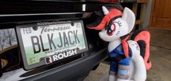 Size: 640x303 | Tagged: safe, imported from derpibooru, oc, oc:blackjack, pony, unicorn, fallout equestria, fallout equestria: project horizons, blackjack, car, fanfic art, ford, ford mustang, irl, license plate, mustang, photo, plushie, vanity plate