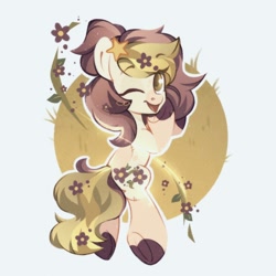 Size: 1500x1500 | Tagged: safe, artist:tsarstvo, imported from derpibooru, oc, oc only, earth pony, pony, female, flower, flower in hair, leaf, looking at you, mare, one eye closed, solo, stars, underhoof, wink