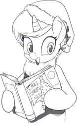 Size: 786x1262 | Tagged: safe, artist:nauyaco, imported from derpibooru, oc, oc only, oc:kimi, pony, unicorn, book, christmas, female, hat, holiday, mare, monochrome, santa hat, solo