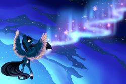 Size: 6000x4000 | Tagged: safe, artist:aledera, imported from derpibooru, oc, oc only, oc:daybreak, pegasus, pony, absurd resolution, aurora borealis, colored wings, female, flying, mare, solo, two toned wings, wings