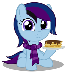 Size: 3160x3520 | Tagged: safe, artist:strategypony, imported from derpibooru, oc, oc only, oc:maple cake, clothes, cute, female, foal, food, high res, looking at you, ocbetes, pancakes, scarf, simple background, transparent background, winter