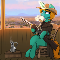 Size: 2000x2000 | Tagged: source needed, useless source url, safe, artist:kennzeichen, imported from derpibooru, oc, oc only, oc:dust runner, pony, unicorn, badge, chair, clothes, cloud, coat, coffee, coffee mug, coffee pot, commission, cowboy hat, day, duster, eye clipping through hair, eyebrows, eyebrows visible through hair, eyelashes, female, glowing, glowing horn, gun, hat, high res, hoof hold, horn, levitation, magic, magic aura, mare, mug, rifle, shotgun, sitting, sky, smiling, smirk, solo, steam, telekinesis, unicorn oc, weapon