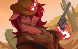 Size: 1064x676 | Tagged: safe, artist:karay, imported from derpibooru, oc, oc only, oc:red flux, changeling, moth, mothling, original species, cactus, clothes, cowboy, cowboy hat, desert, fangs, floppy ears, glowing, glowing horn, gun, handgun, hat, horn, jacket, magic, one eye covered, palindrome get, red changeling, revolver, sand, telekinesis