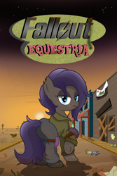 Size: 2000x3000 | Tagged: safe, artist:pizzamovies, imported from derpibooru, oc, oc only, oc:rattle cans, earth pony, pony, fallout equestria, armor, butt, cactus, clothes, desert, female, high res, lidded eyes, looking at you, mare, plot, scar, solo, sunset, torn ear