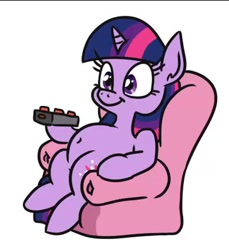 Size: 390x426 | Tagged: safe, artist:jargon scott, imported from derpibooru, twilight sparkle, pony, unicorn, belly, belly button, chair, chubby, chubby twilight, couch potato, cute, female, hoof hold, mare, remote, simple background, sitting, smiling, solo, still frame, unicorn twilight, white background