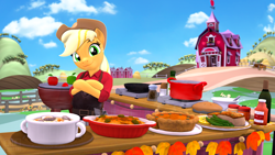 Size: 3840x2160 | Tagged: safe, artist:owlpirate, imported from derpibooru, applejack, earth pony, semi-anthro, 3d, 4k, apple, apron, barn, casserole, clothes, crossed hooves, female, food, grill, high res, holiday, looking at you, mare, pie, smiling, smiling at you, solo, soup, source filmmaker, sweet apple acres, thanksgiving