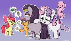 Size: 2598x1509 | Tagged: safe, artist:heretichesh, imported from derpibooru, apple bloom, scootaloo, sweetie belle, oc, oc:mummydew, earth pony, pegasus, pony, unicorn, annoyed, butt, coffin, cutie mark crusaders, do you mind, egyptian, egyptian headdress, egyptian pony, female, filly, food, frown, gradient background, lidded eyes, looking back, melon, nose wrinkle, personal space invasion, pickle, pictogram, plot, pyramid, speech bubble