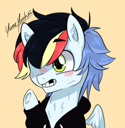 Size: 2592x2660 | Tagged: safe, artist:yumeyuuheii, imported from derpibooru, oc, oc only, pegasus, pony, blushing, grin, hair over one eye, high res, male, signature, simple background, smiling, solo, stallion, waving, yellow background