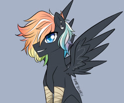 Size: 2900x2400 | Tagged: safe, artist:yumeyuuheii, imported from derpibooru, oc, oc only, pegasus, pony, bust, gray background, high res, male, multicolored hair, offspring, parent:rainbow dash, parent:soarin', parents:soarindash, pegasus oc, rainbow hair, simple background, solo, stallion, wings