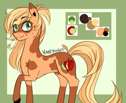 Size: 2496x2032 | Tagged: safe, artist:yumeyuuheii, imported from derpibooru, oc, oc only, oc:arizona apple, earth pony, pony, coat markings, female, high res, mare, offspring, parent:applejack, reference sheet, smiling, socks (coat markings), solo, straw in mouth