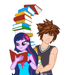 Size: 570x601 | Tagged: safe, artist:wavebreeze234, imported from derpibooru, twilight sparkle, equestria girls, book, clothes, crossover, eyelashes, female, grin, kingdom hearts, male, reading, simple background, smiling, sora, straight, transparent background