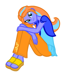 Size: 670x780 | Tagged: safe, artist:wavebreeze234, imported from derpibooru, oc, oc only, equestria girls, clothes, equestria girls-ified, pants, sandals, simple background, sitting, smiling, solo, transparent background