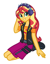 Size: 600x760 | Tagged: safe, artist:wavebreeze234, imported from derpibooru, sunset shimmer, equestria girls, boots, clothes, cutie mark, cutie mark on clothes, grin, headphones, kneeling, shoes, simple background, smiling, solo, transparent background