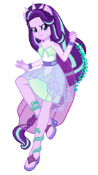 Size: 400x708 | Tagged: safe, artist:wavebreeze234, imported from derpibooru, starlight glimmer, equestria girls, alternate hairstyle, bare shoulders, belt, cape, clothes, dress, female, frills, high heels, open-toed shoes, ponied up, see-through, shoes, signature, simple background, skirt, sleeveless, smiling, solo, strapless, transparent background, wrist cuffs