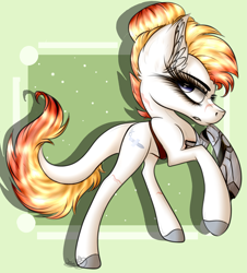 Size: 2929x3241 | Tagged: safe, artist:beamybutt, imported from derpibooru, oc, oc only, earth pony, pony, abstract background, amputee, colored hooves, ear fluff, earth pony oc, eyelashes, female, high res, mare, prosthetic leg, prosthetic limb, prosthetics, rearing, smiling, solo