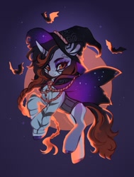 Size: 1629x2160 | Tagged: safe, artist:myscherri, imported from derpibooru, oc, oc only, bat, pony, unicorn, curved horn, hat, horn, rope, solo, stars, stripes, witch hat