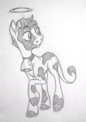 Size: 1155x1632 | Tagged: safe, artist:thepurpah, imported from derpibooru, oc, oc only, cow, cloven hooves, grayscale, halo, monochrome, smiling, traditional art