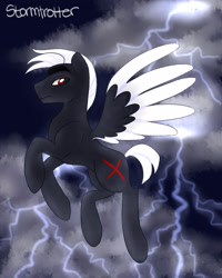 Size: 2000x2500 | Tagged: safe, artist:thepurpah, imported from derpibooru, oc, oc only, oc:stormtrotter, pegasus, pony, cloud, colored wings, flying, high res, lightning, male, outdoors, solo, stallion, two toned wings, wings