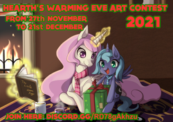 Size: 1400x986 | Tagged: safe, artist:grasspainter, imported from derpibooru, princess celestia, princess luna, alicorn, pony, bag, book, box, chocolate, christmas, clothes, contest, cup, cute, discord (program), drink, female, filly, fire, fireplace, food, happy, hearth's warming eve, holiday, hot chocolate, levitation, lying down, magic, mug, open mouth, pink-mane celestia, pointy ponies, present, prone, royal sisters, rug, scarf, siblings, sisters, smiling, telekinesis, woona, wreath, younger
