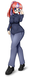 Size: 1280x3113 | Tagged: safe, artist:conrad-hauser, imported from derpibooru, moondancer, human, clothes, female, glasses, humanized, jeans, pants, shoes, simple background, solo, sweater, transparent background