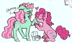Size: 1214x726 | Tagged: safe, artist:spookberry, imported from derpibooru, minty, pinkie pie, earth pony, pony, bandage, blushing, female, first aid kit, floating heart, flustered, g3, g3 to g4, g4, generation leap, heart, hoof kissing, kissing, lesbian, mintypie, shipping, unshorn fetlocks