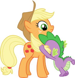 Size: 3000x3082 | Tagged: safe, artist:cloudy glow, imported from derpibooru, applejack, spike, dragon, earth pony, pony, spike at your service, .ai available, applejack's hat, cowboy hat, duo, eyes closed, female, hat, high res, male, mare, simple background, transparent background, vector