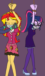 Size: 899x1512 | Tagged: safe, artist:bugssonicx, imported from derpibooru, sci-twi, sunset shimmer, twilight sparkle, equestria girls, bondage, bound wrists, eyes closed, gag, help us, lidded eyes, tape, tape gag, tied up, waking up