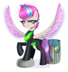 Size: 7200x7600 | Tagged: safe, artist:opal_radiance, imported from derpibooru, zipp storm, pegasus, pony, absurd resolution, clothes, commission, eyebrows, female, g5, looking at you, mare, my little pony: a new generation, raised hoof, simple background, smiling, smiling at you, solo, spread wings, the washouts, transparent background, trash, trash can, uniform, washouts uniform, wings, wonderbolts, wonderbolts uniform