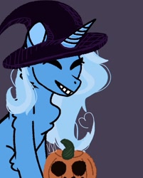 Size: 1649x2048 | Tagged: safe, artist:irldirkstrider, imported from derpibooru, trixie, pony, unicorn, chest fluff, grin, halloween, holiday, jack-o-lantern, nightmare night, pumpkin, smiling, solo