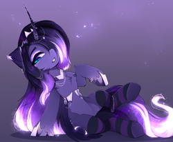 Size: 2432x2001 | Tagged: source needed, safe, artist:magnaluna, imported from derpibooru, princess luna, alicorn, pony, clothes, female, hair over one eye, high res, mare, simple background, socks, solo, striped socks