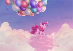 Size: 6092x4295 | Tagged: safe, artist:laymy, imported from derpibooru, pinkie pie, earth pony, pony, balloon, cloud, cute, diapinkes, eyes closed, female, floating, happy, mare, sky, smiling, solo, that pony sure does love balloons, then watch her balloons lift her up to the sky