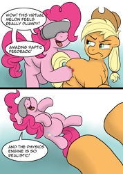 Size: 1992x2804 | Tagged: safe, artist:doodledonutart, imported from derpibooru, applejack, pinkie pie, earth pony, pony, annoyed, applejack is not amused, bucking, butt grab, butt touch, comic, female, grope, mare, unamused, virtual reality