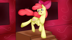 Size: 1920x1080 | Tagged: safe, artist:poofik1, imported from derpibooru, apple bloom, earth pony, pony, female, filly, solo, stairs