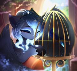 Size: 3716x3428 | Tagged: source needed, safe, artist:magnaluna, imported from derpibooru, princess luna, alicorn, bird, pony, cage, crown, curved horn, cute, ethereal mane, eyes closed, eyeshadow, female, glowing mane, gradient mane, hair over one eye, high res, hoof shoes, horn, horn jewelry, jewelry, makeup, mare, regalia, solo, wings