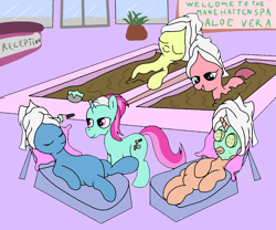 Size: 1400x1166 | Tagged: safe, artist:amateur-draw, imported from derpibooru, oc, oc:belle boue, earth pony, pony, unicorn, eyes closed, female, hoof on belly, lying down, male, mare, mud, mud bath, mud mask, muddy, relaxing, spa, spa pony, stallion, wet and messy