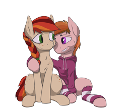 Size: 4500x4000 | Tagged: safe, artist:al solae, imported from derpibooru, oc, oc:ember glow, oc:stuben, earth pony, pony, brother and sister, clothes, female, hoodie, hug, leg warmers, male, siblings, simple background, transparent background