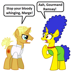 Size: 628x626 | Tagged: safe, artist:vgc2001, imported from derpibooru, gourmand ramsay, pony, unicorn, angry, chef ramsay, comic, dream, female, fire, gordon ramsay, male, mare, marge simpson, ponified, reference, stallion, surprised, the simpsons