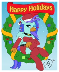 Size: 1676x2048 | Tagged: safe, artist:flawlessvictory20, imported from derpibooru, oc, oc only, oc:sea lilly, hippogriff, bell, christmas, clothes, collar, commission, costume, crossed legs, hat, heart, holiday, one eye closed, santa costume, santa hat, socks, wink, wreath, ych result