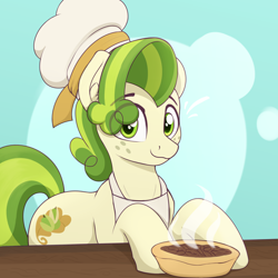 Size: 2650x2650 | Tagged: safe, artist:czu, imported from derpibooru, pistachio, earth pony, pony, apron, clothes, cottagecore, cute, eye clipping through hair, food, high res, male, pecan pie, pie, pistachiaww, solo, stallion