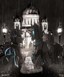 Size: 2500x3000 | Tagged: safe, artist:jedayskayvoker, imported from derpibooru, oc, oc:dry land, oc:glow speed, oc:vibrant star, alicorn, earth pony, unicorn, cape, clothes, colored, full color, high res, hoodie, looking at each other, looking at someone, monochrome, neon, rain, sketch