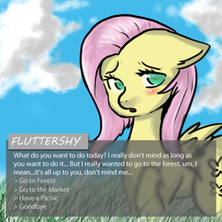 Size: 500x500 | Tagged: safe, artist:pandarainbow, imported from derpibooru, fluttershy, pegasus, pony, blushing, bronybait, female, grass, solo, talking to viewer, text, visual novel