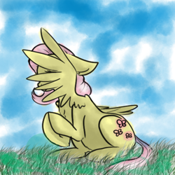 Size: 500x500 | Tagged: safe, artist:pandarainbow, imported from derpibooru, fluttershy, pegasus, pony, covering, female, grass, solo