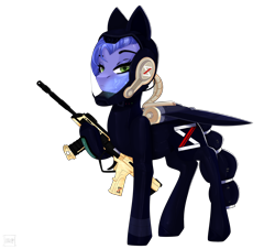 Size: 2280x2060 | Tagged: safe, alternate version, artist:elektra-gertly, imported from derpibooru, oc, oc only, oc:azure, earth pony, pony, ar-15, armor, blue fur, blue mane, blue tail, bodysuit, clothes, commission, female, futuristic, green eyes, gun, helmet, high res, jetpack, logo, mare, military, military uniform, raised hoof, rifle, simple background, skintight, skintight clothes, solo, spacesuit, standing, suit, tail, transparent background, uniform, weapon, worldbuilding, xenestra corporation