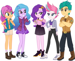 Size: 1024x839 | Tagged: safe, artist:emeraldblast63, imported from derpibooru, hitch trailblazer, izzy moonbow, pipp petals, sunny starscout, zipp storm, equestria girls, converse, crossed arms, equestria girls-ified, female, g5, g5 to equestria girls, grin, hand on hip, male, mane five (g5), my little pony: a new generation, phone, shoes, smiling