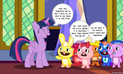 Size: 4473x2684 | Tagged: safe, artist:estories, artist:faze-alan-mskull2019, imported from derpibooru, twilight sparkle, alicorn, earth pony, pony, unicorn, background pony, bubble, crossover, cuddles (happy tree friends), engrish, eyes closed, female, flaky, g4, giggles (happy tree friends), handy, happy tree friends, looking at someone, male, mare, petunia (happy tree friends), photo, talking, text, toothy, twilight sparkle (alicorn)