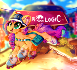 Size: 2000x1837 | Tagged: safe, artist:woonborg, derpibooru exclusive, imported from derpibooru, sunny starscout, earth pony, pony, bag, blurry background, cheek fluff, chest fluff, city, cloud, cute, day, ear fluff, eyelashes, fluffy, fullshade, g5, gonna be my day, grass, happy, helmet, hoof fluff, my little pony: a new generation, open mouth, open smile, pins, roller skates, shoulder fluff, sky, smiling, solo, sun, sunnybetes