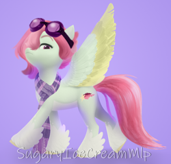 Size: 1158x1108 | Tagged: safe, artist:sugaryicecreammlp, imported from derpibooru, oc, oc only, oc:celestial star, pegasus, pony, clothes, female, goggles, mare, purple background, scarf, simple background, solo
